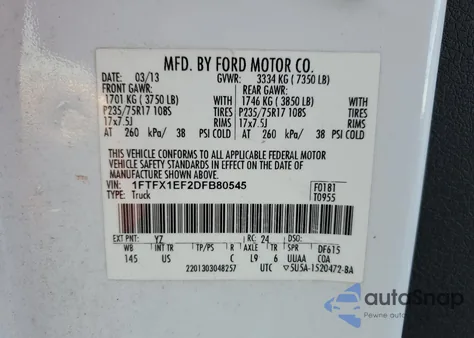 2013 Ford F150 Super Cab z USA, uszkodzony, nr VIN 1FTFX1EF2DFB80545